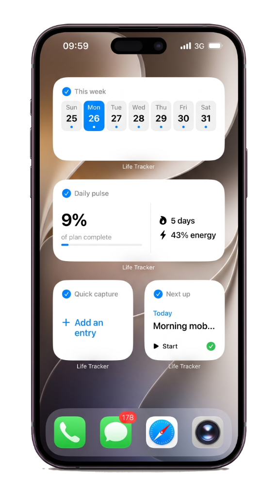 Life Tracker widgets on the iPhone home screen